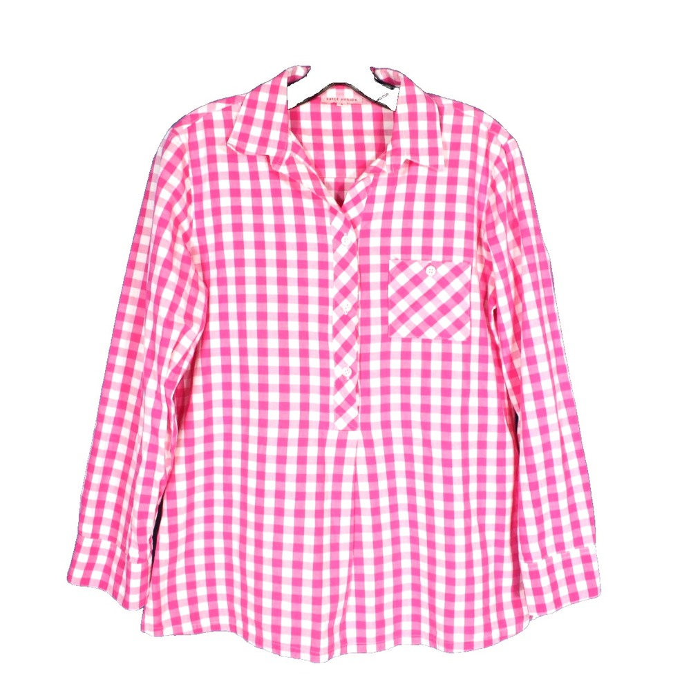 KAYCE HUGHES Pink GINGHAM CHECK Twill 1/2 BUTTON Pocket SWING SHIRT/TUNIC TOP 6